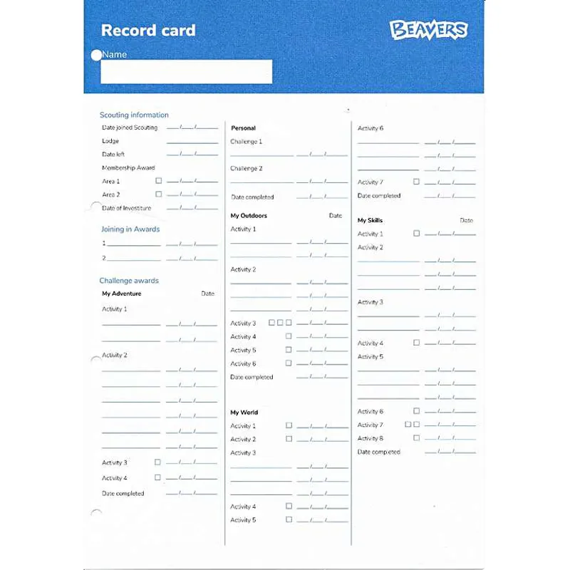 Beaver Scout Record Cards - Pack of Ten