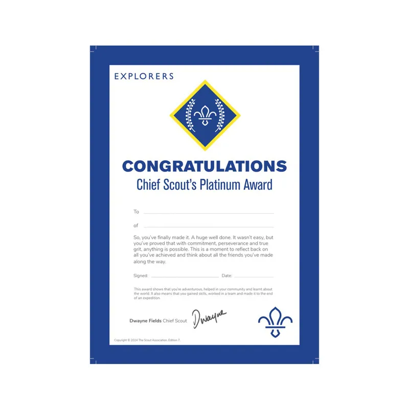 Chief Scouts Platinum Award Certificates - Pack of Ten
